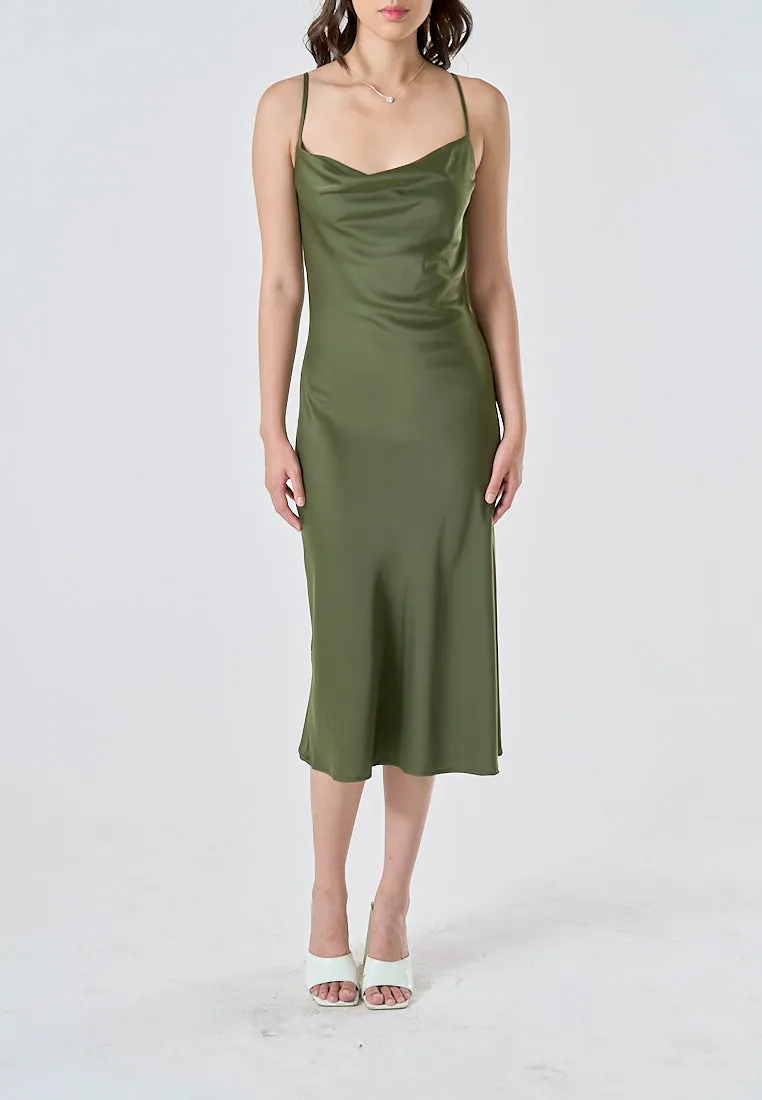 Kailani Olive Green Cowl Neck Sleeveless Adjustable Strap Slip Midi Dress