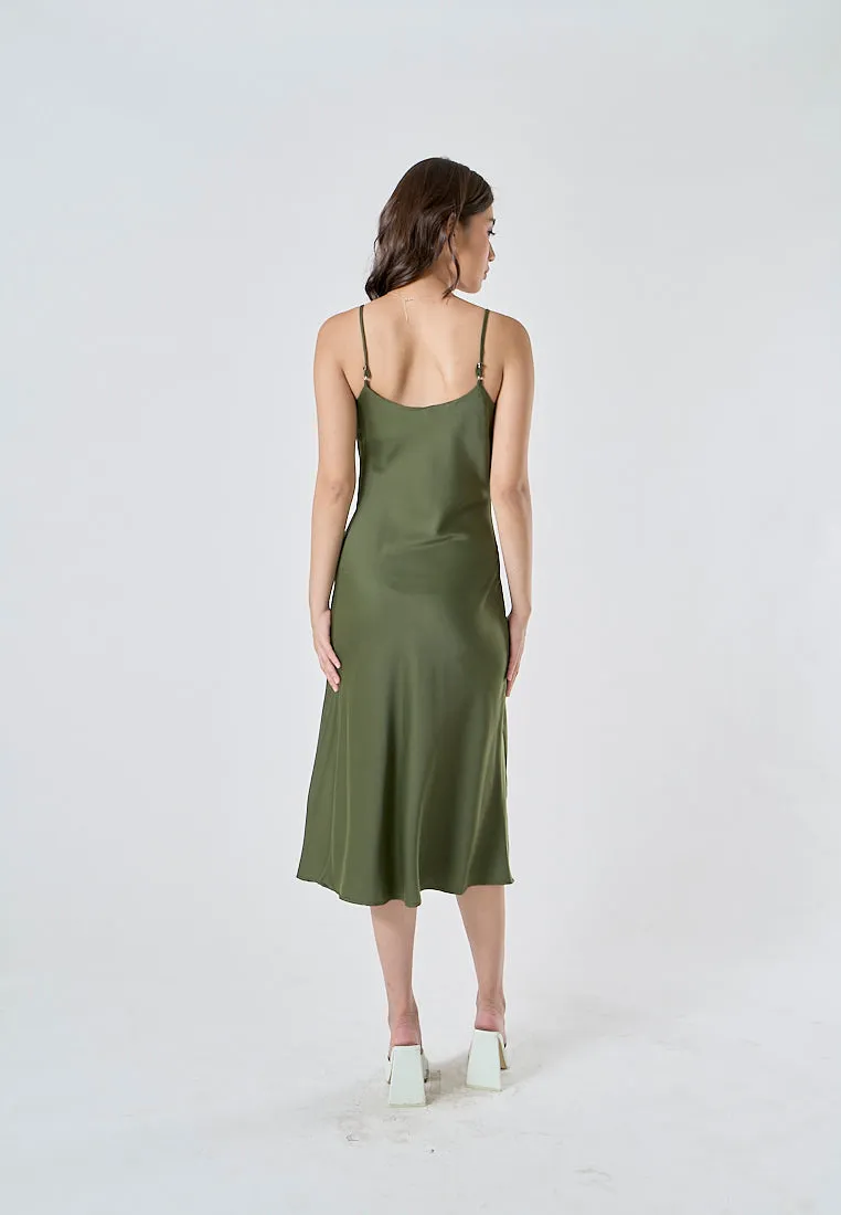 Kailani Olive Green Cowl Neck Sleeveless Adjustable Strap Slip Midi Dress