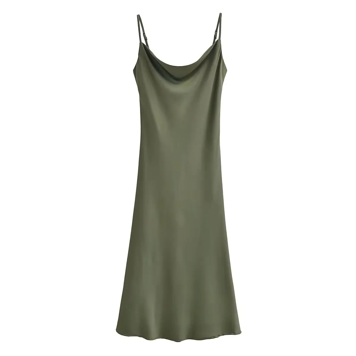 Kailani Olive Green Cowl Neck Sleeveless Adjustable Strap Slip Midi Dress