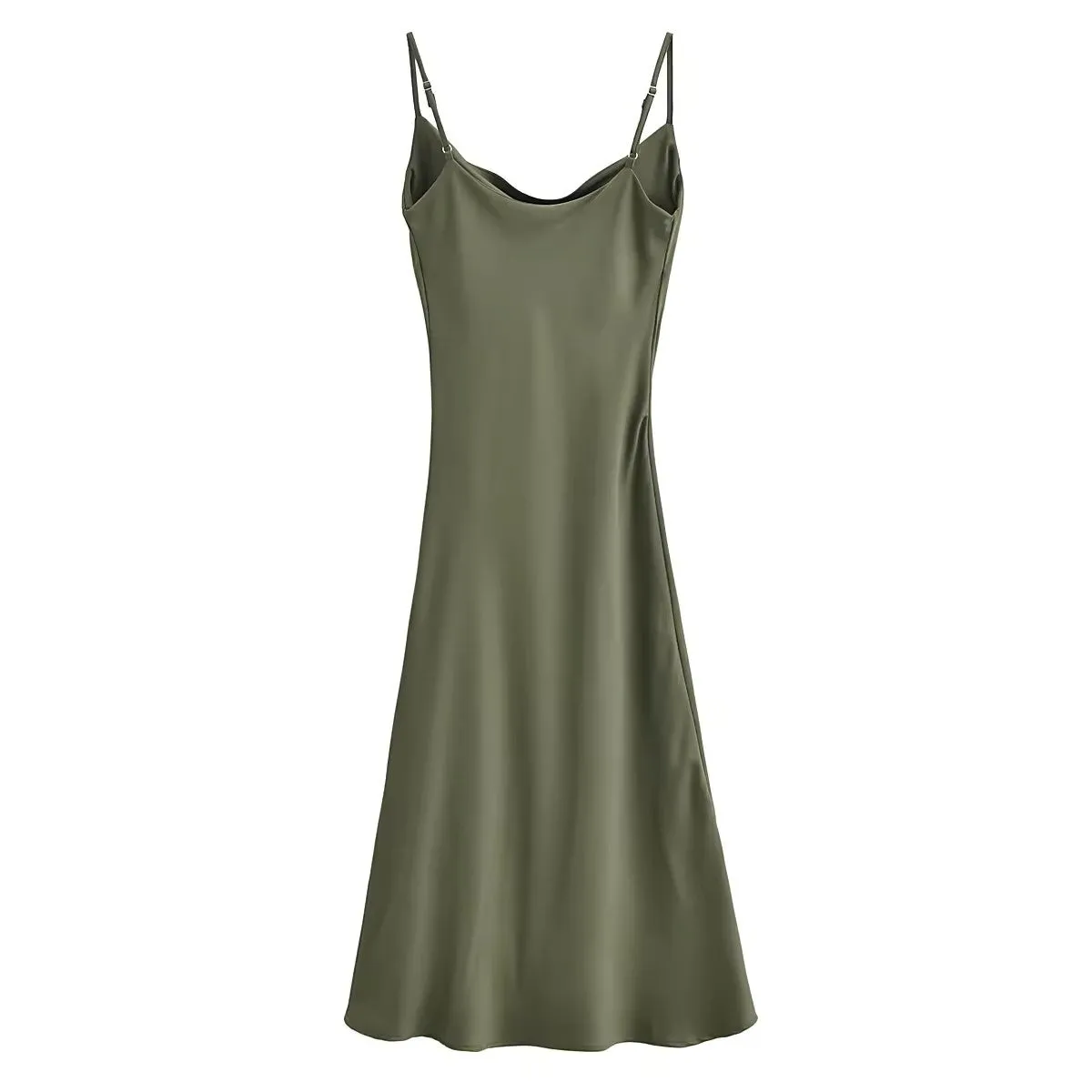 Kailani Olive Green Cowl Neck Sleeveless Adjustable Strap Slip Midi Dress