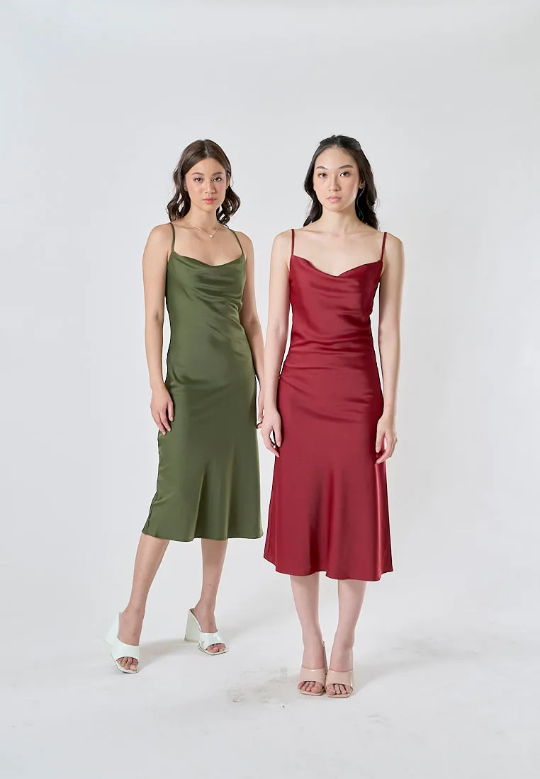 Kailani Olive Green Cowl Neck Sleeveless Adjustable Strap Slip Midi Dress