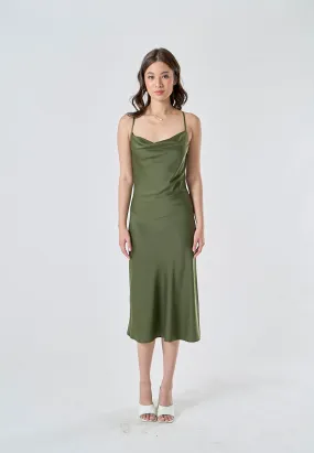 Kailani Olive Green Cowl Neck Sleeveless Adjustable Strap Slip Midi Dress