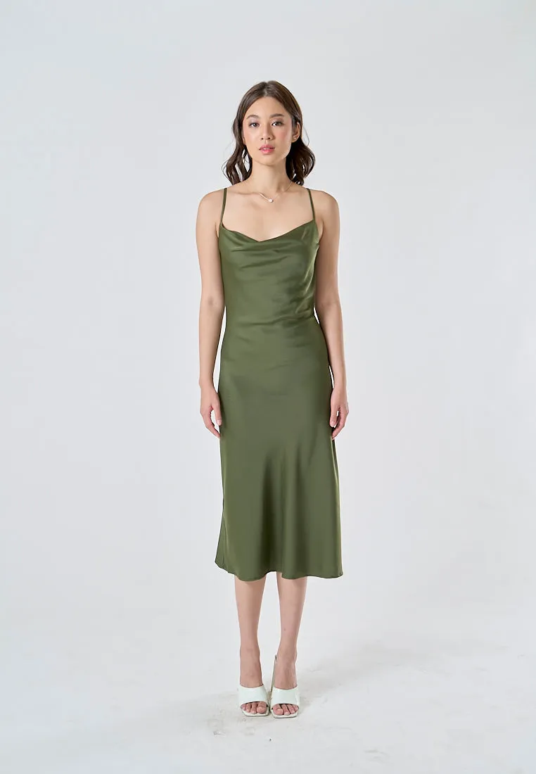 Kailani Olive Green Cowl Neck Sleeveless Adjustable Strap Slip Midi Dress