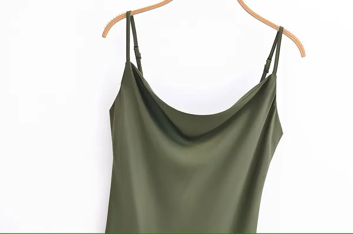 Kailani Olive Green Cowl Neck Sleeveless Adjustable Strap Slip Midi Dress