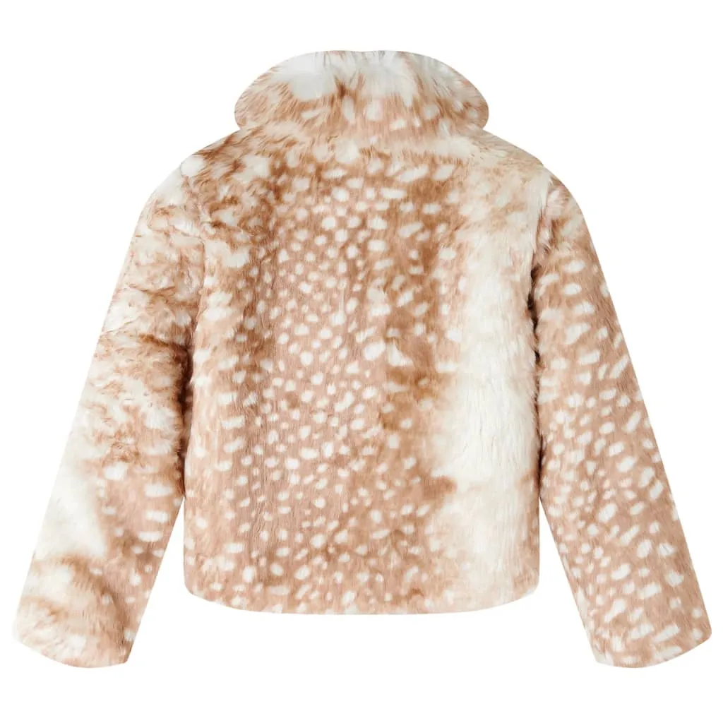 Kids' Faux Fur Coat - Cognac, Size 128 | Warm & Stylish Fawn Pattern Jacket for Kids Aged 7-8 | Cozy Winter Wear