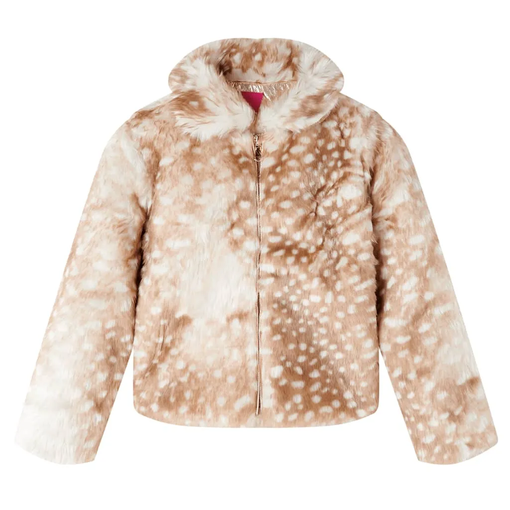 Kids' Faux Fur Coat - Cognac, Size 128 | Warm & Stylish Fawn Pattern Jacket for Kids Aged 7-8 | Cozy Winter Wear