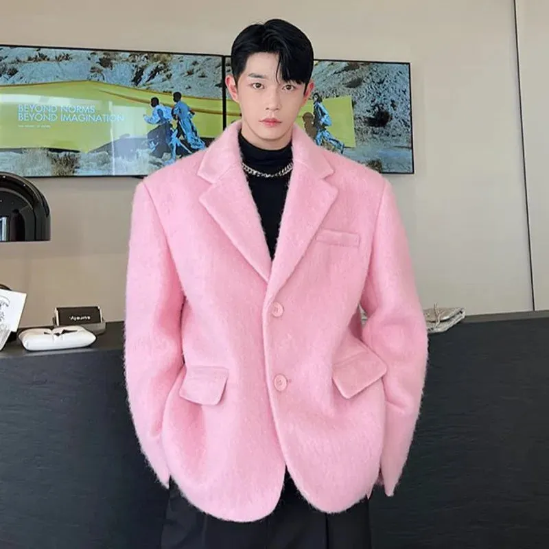 Korean Chic Male Woolen Jacket Fashion Lapel Single Breasted Pocket Coat Autumn Winter Casual Men Clothing Pink 9C2886