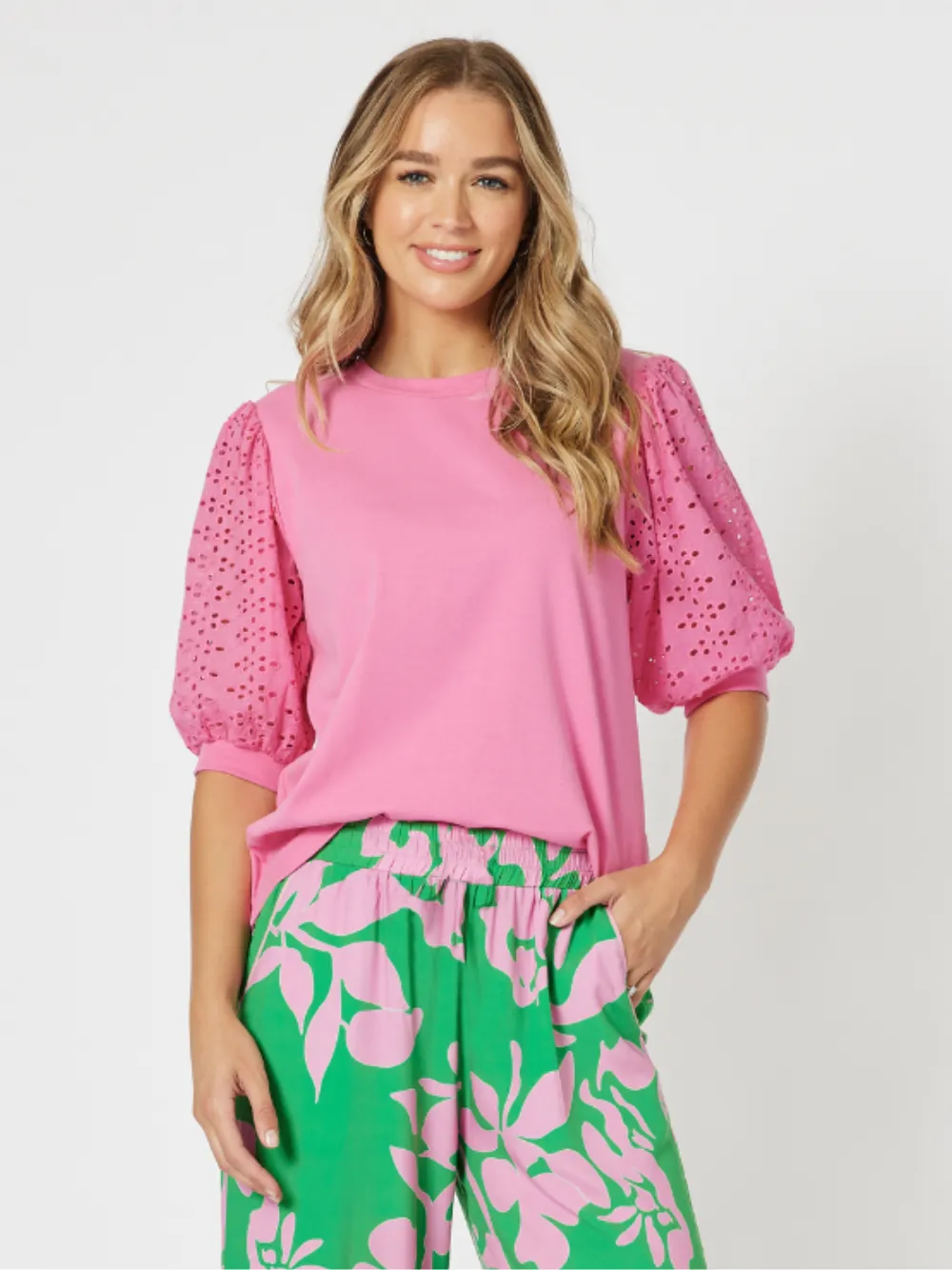 Kyla Broderie Sleeve Top - Hot Pink