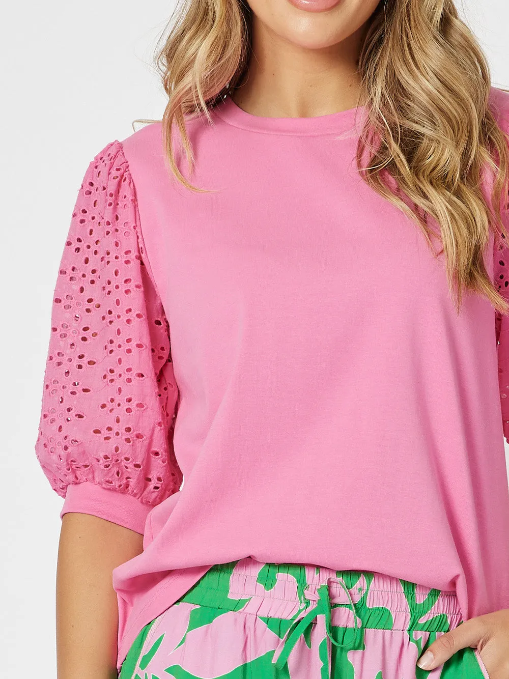 Kyla Broderie Sleeve Top - Hot Pink