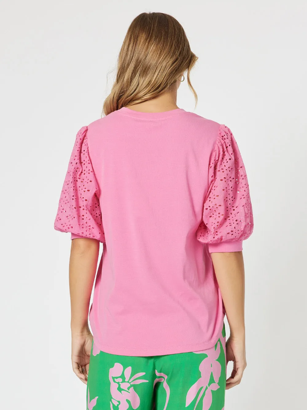 Kyla Broderie Sleeve Top - Hot Pink