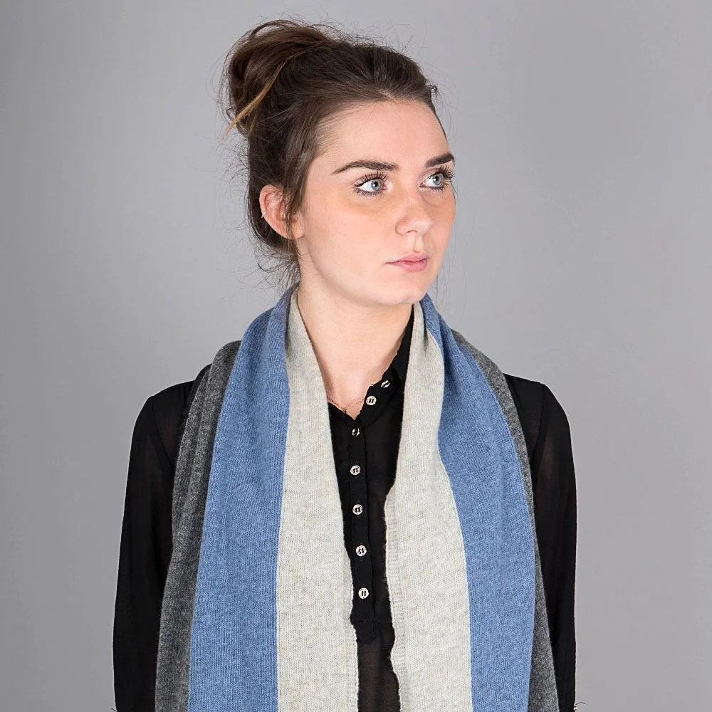 Ladies Lambswool Block Stripe Scarf - Jeans Blue