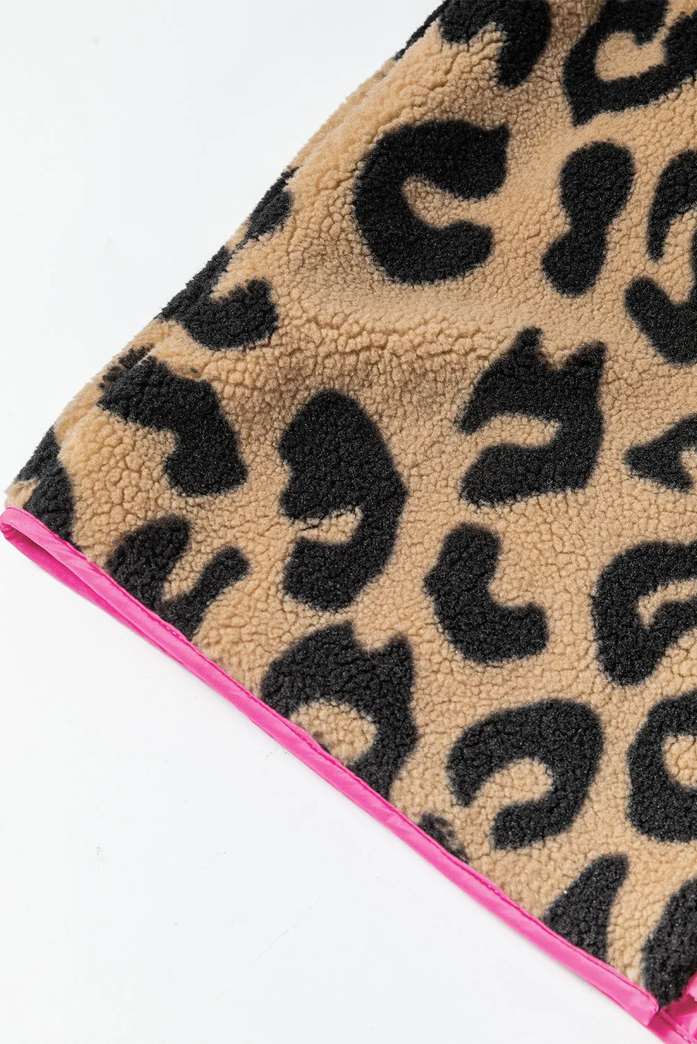 Leopard Colorblock Pocket Zipper Fuzzy Fleece Jacket