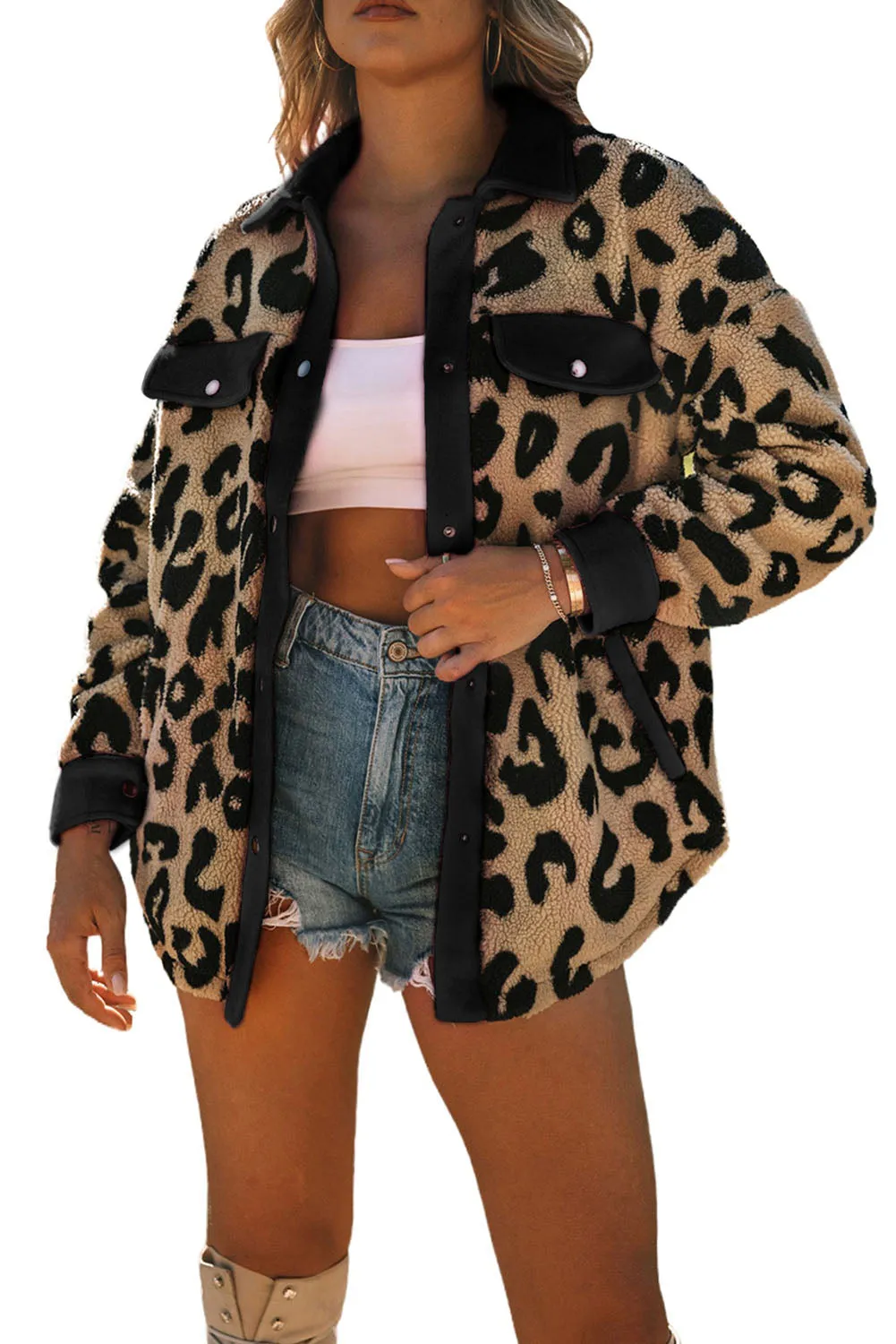 Leopard Contrast Trimmed Leopard Teddy Shacket