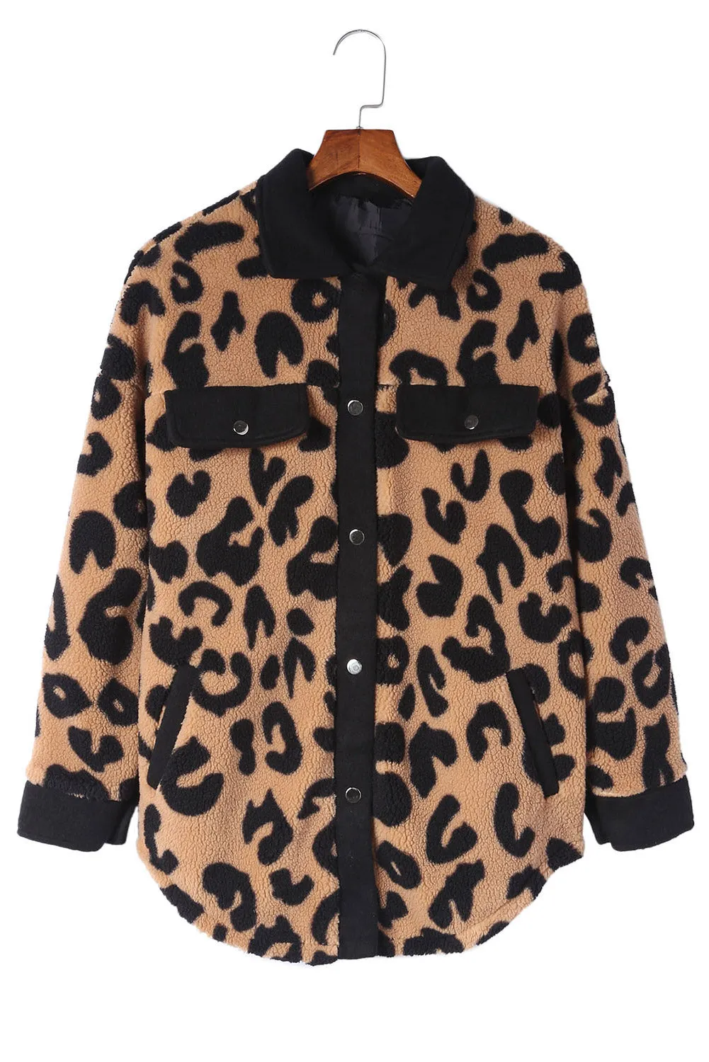 Leopard Contrast Trimmed Leopard Teddy Shacket