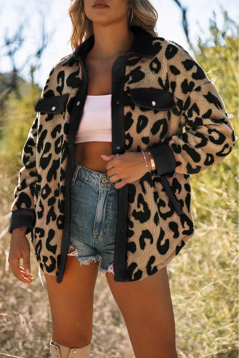 Leopard Contrast Trimmed Leopard Teddy Shacket