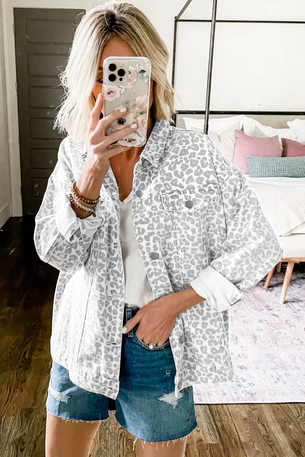 Leopard Printed Flap Pocket Denim Jacket