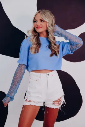 Limitless Rhinestone Sleeve Crop Top - Blue