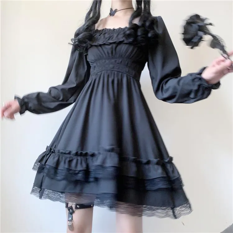 Lolita Gothic Charm: Black Mini High Waist Dress