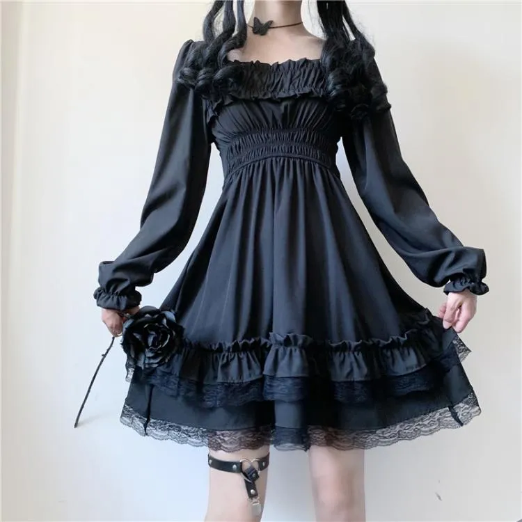 Lolita Gothic Charm: Black Mini High Waist Dress