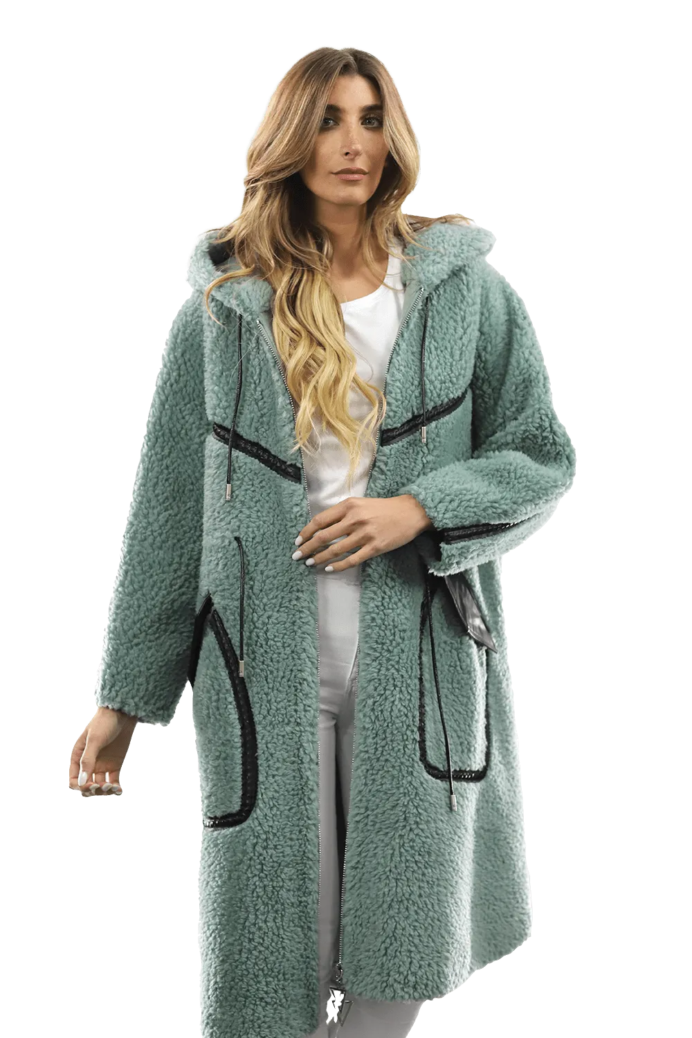 Long Faux Fur Coat with Black detail - Green