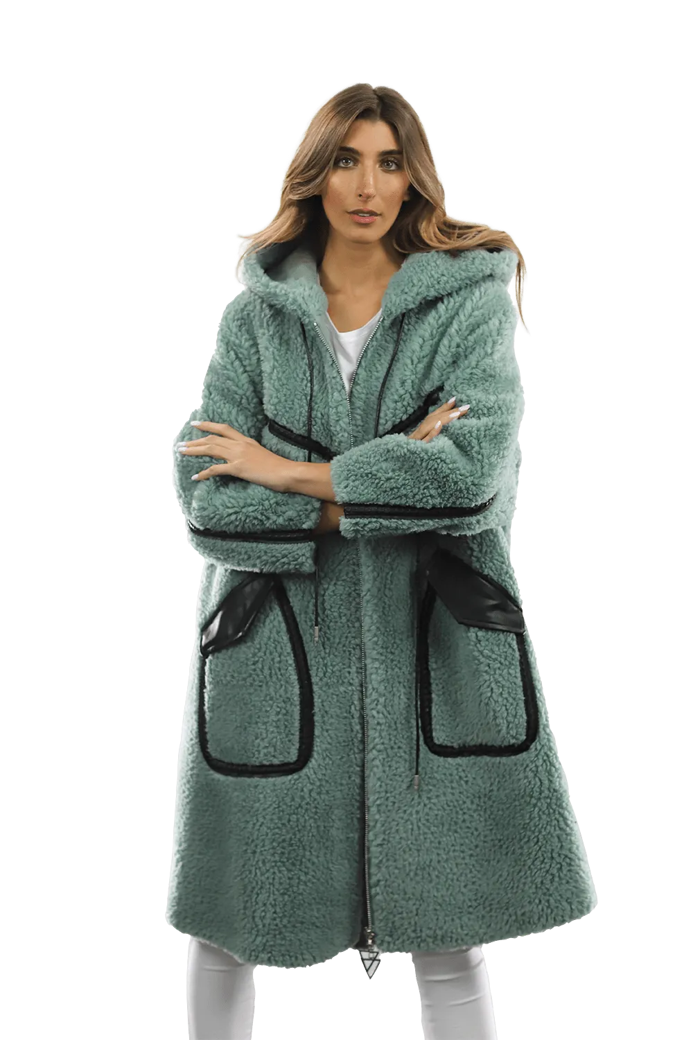 Long Faux Fur Coat with Black detail - Green