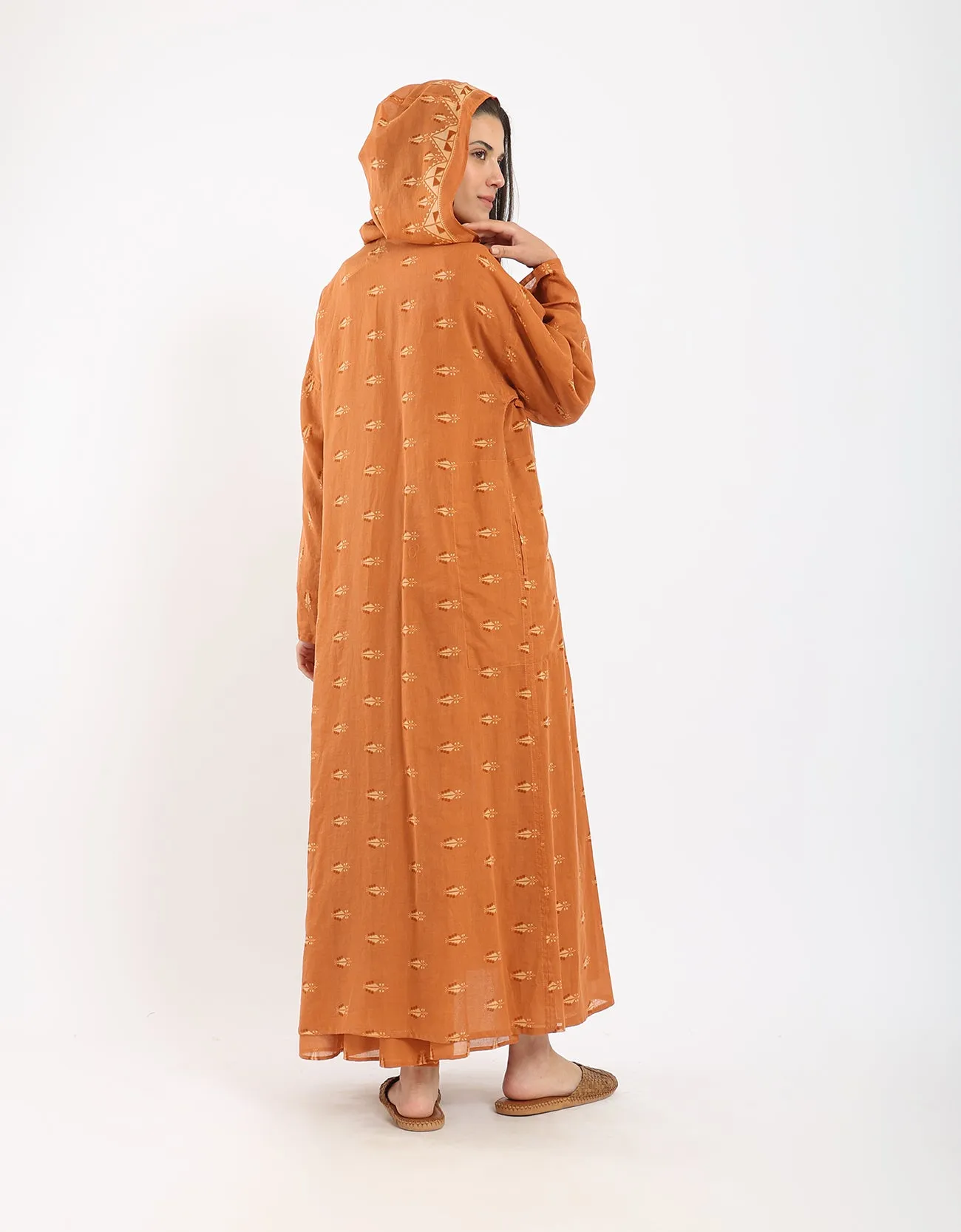 Long printed cotton voile hooded coat