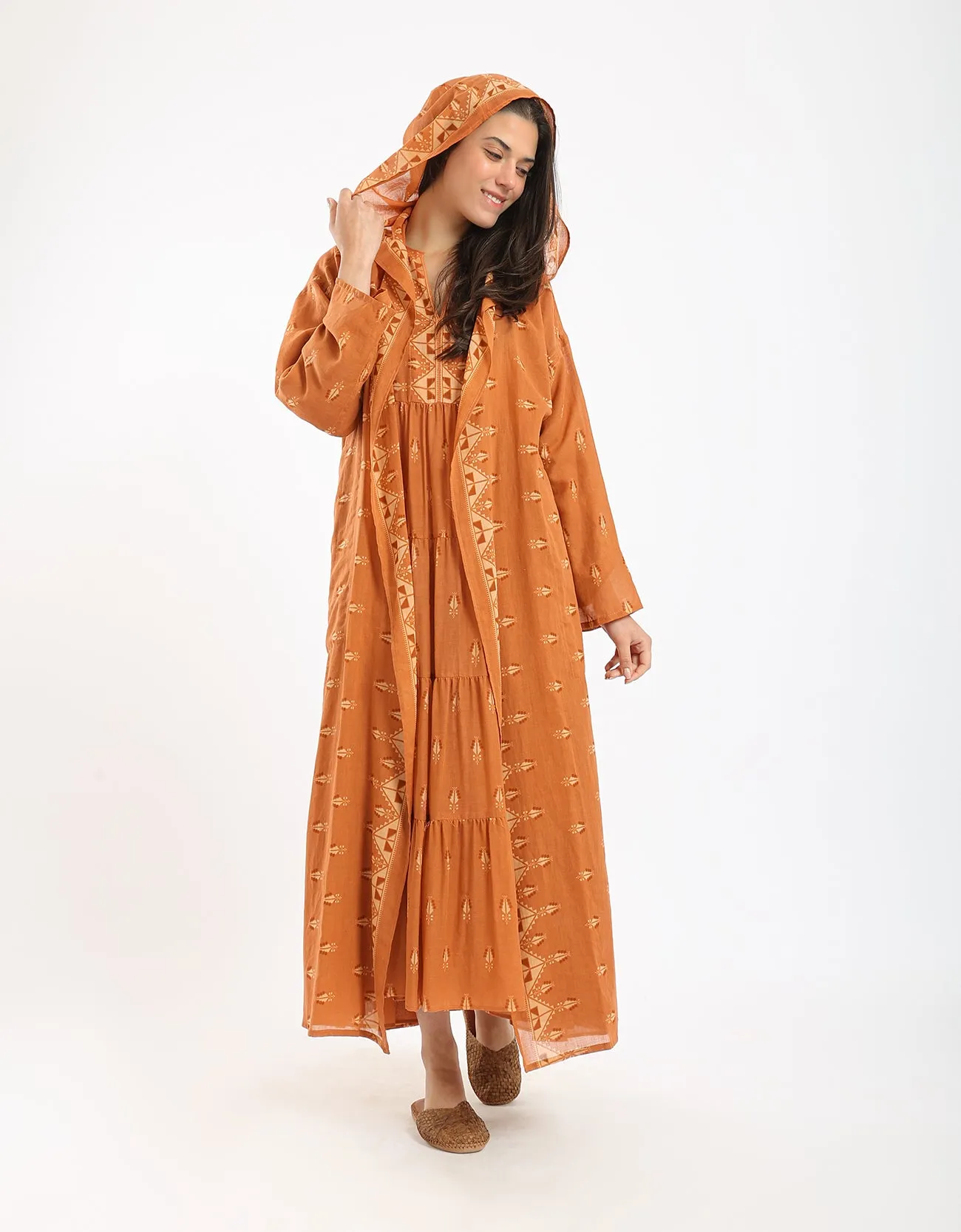 Long printed cotton voile hooded coat