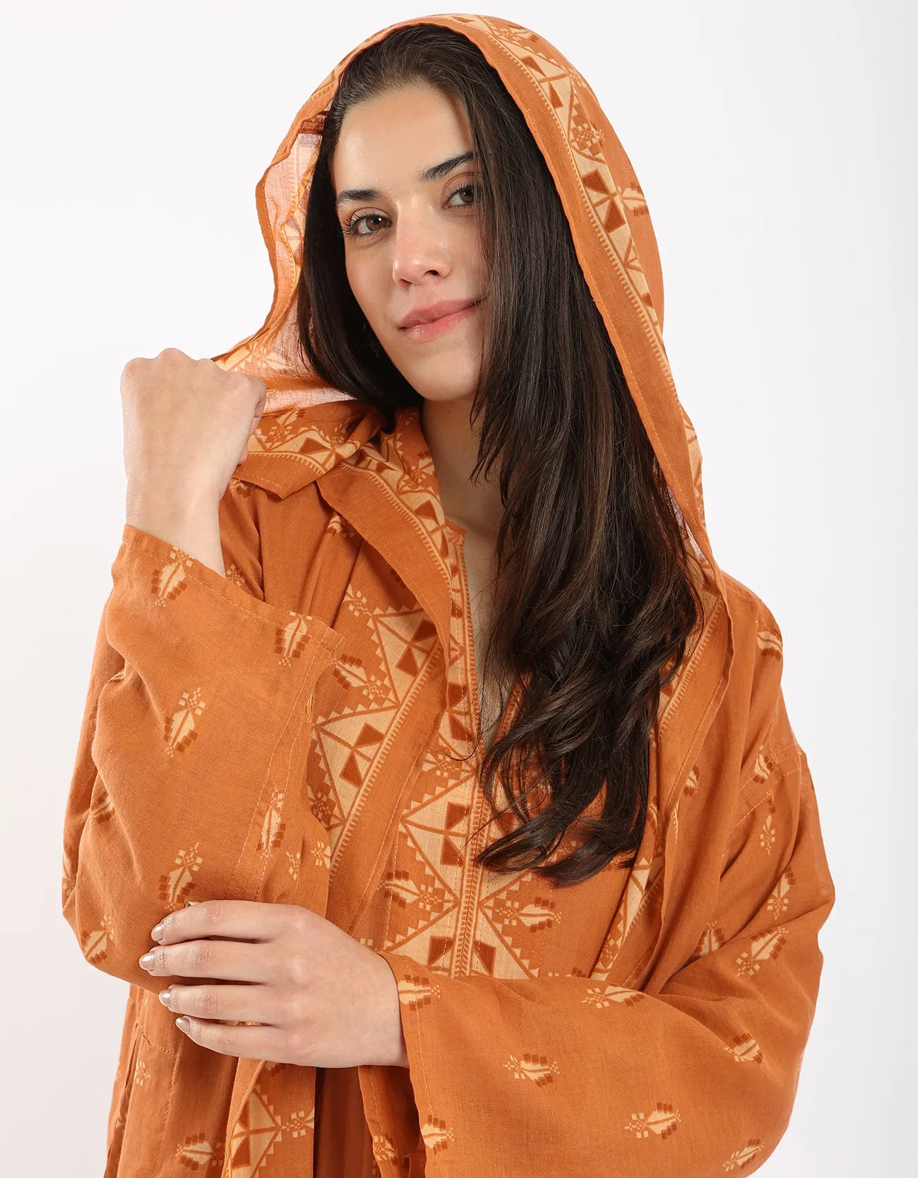 Long printed cotton voile hooded coat