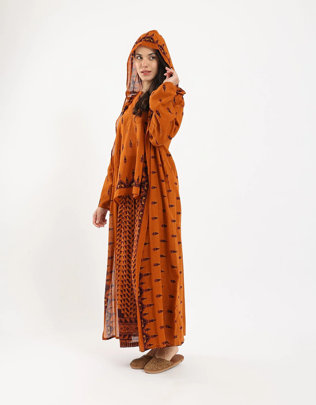 Long printed cotton voile hooded coat