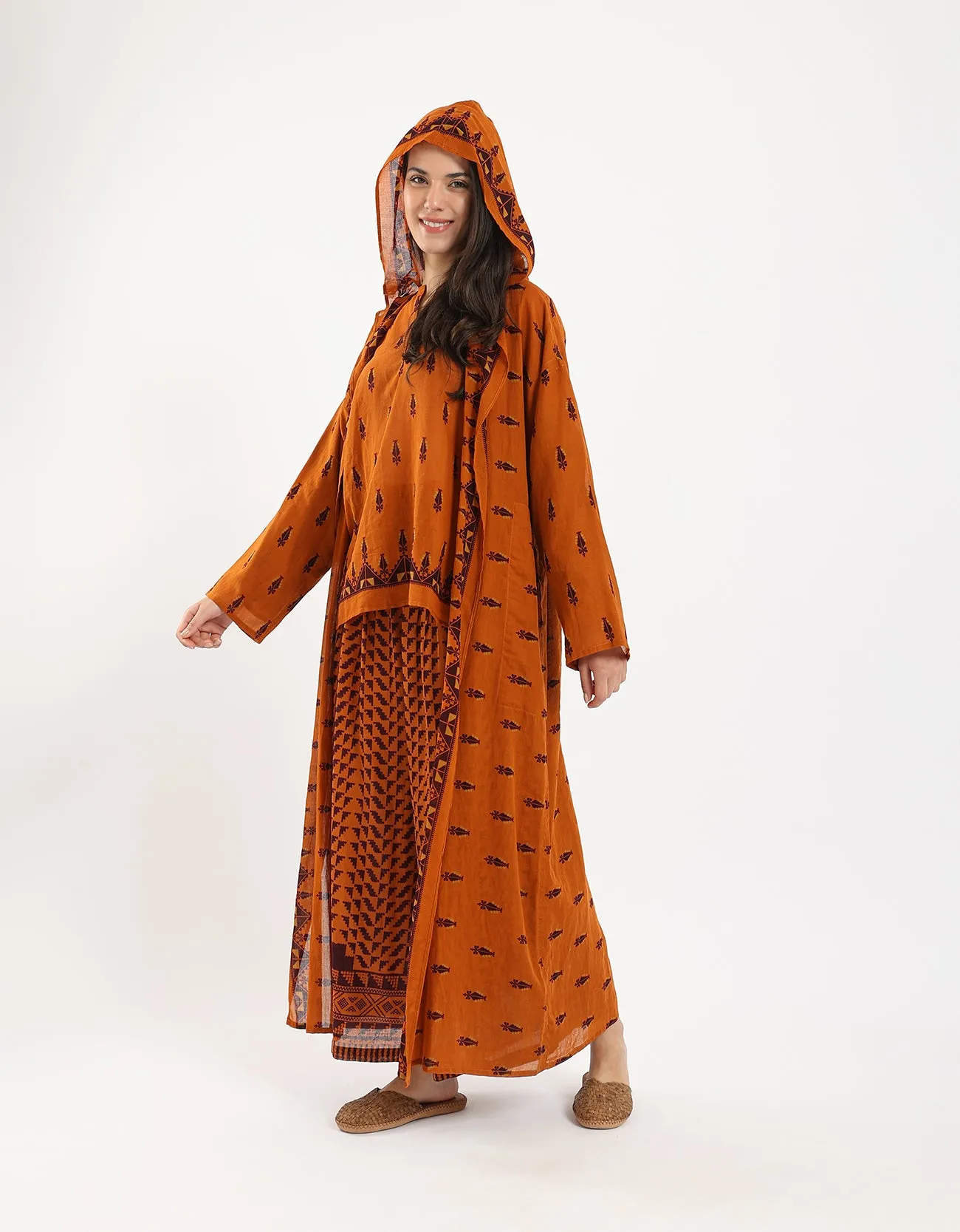 Long printed cotton voile hooded coat