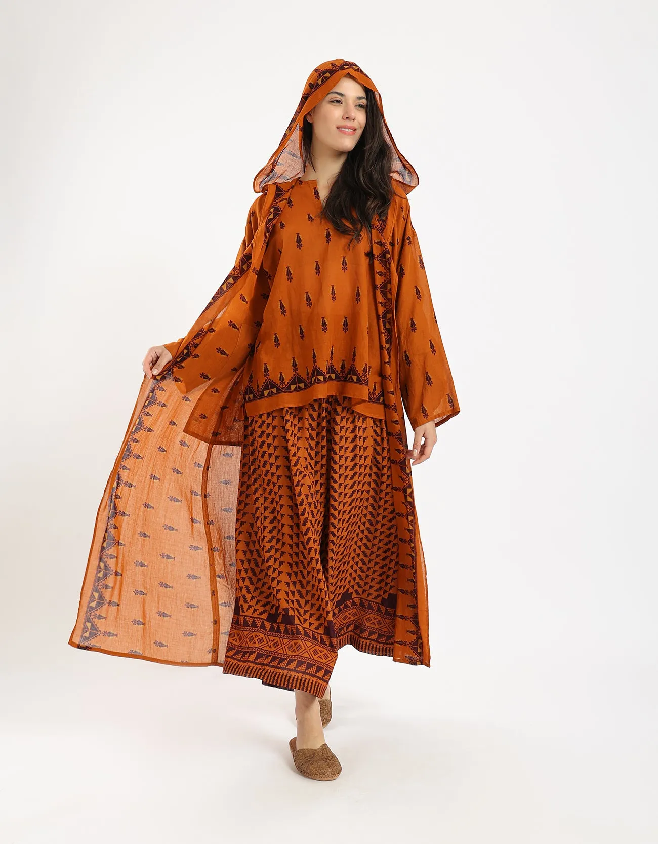 Long printed cotton voile hooded coat