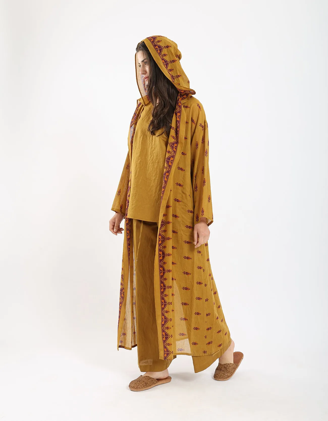 Long printed cotton voile hooded coat