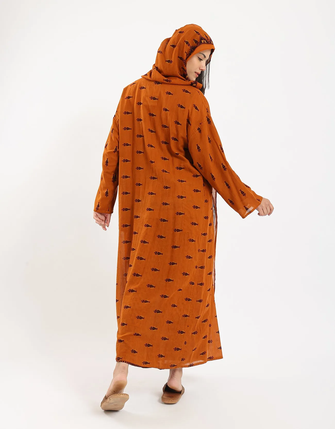 Long printed cotton voile hooded coat