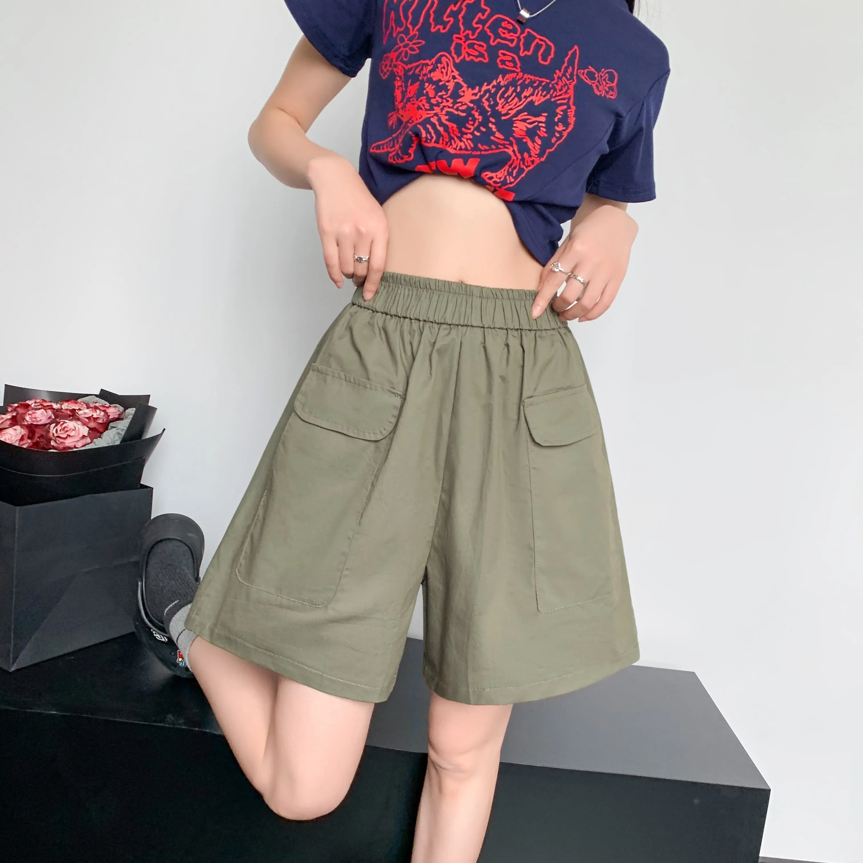 Loose Fit Thin High-Waisted Workwear Casual Solid Color Shorts