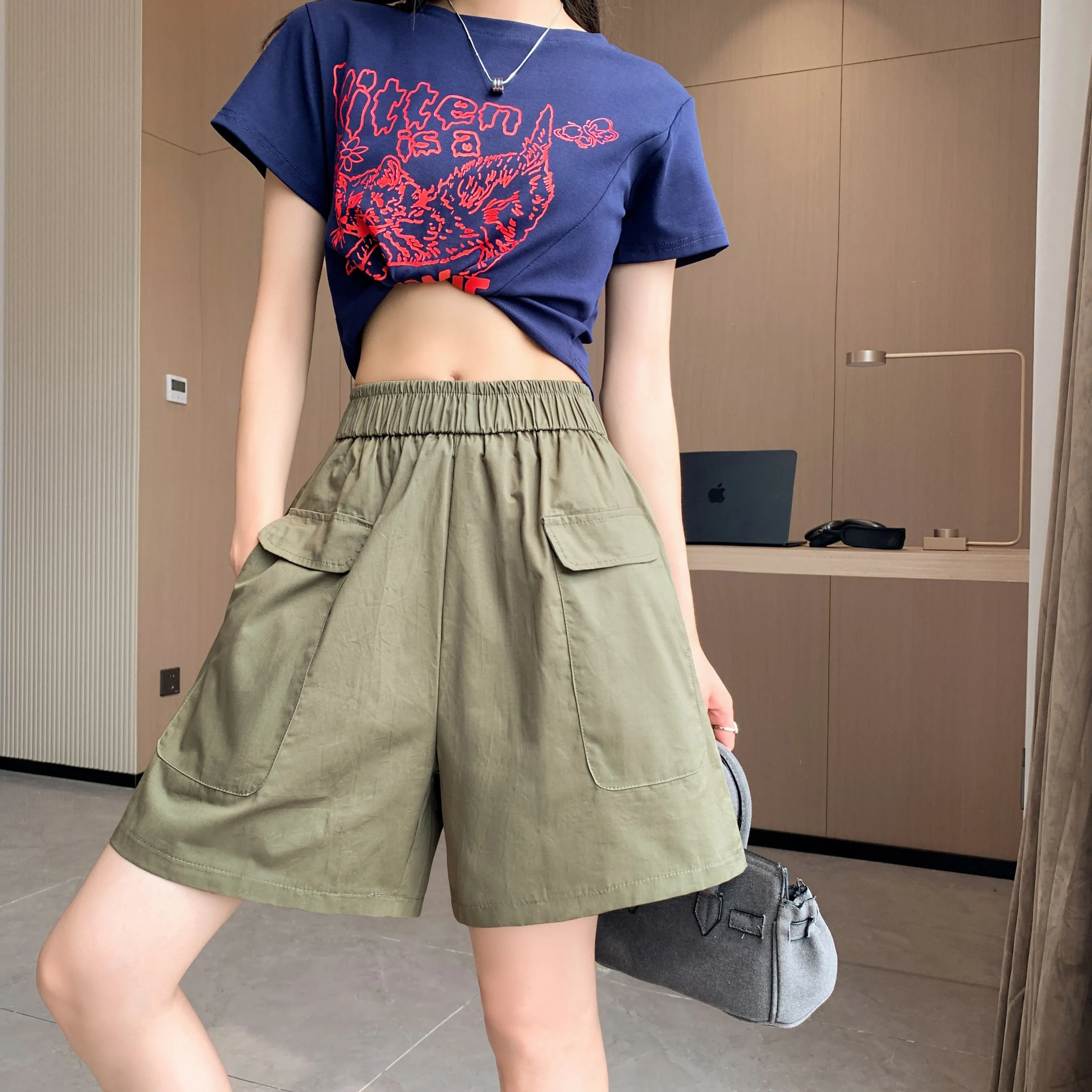 Loose Fit Thin High-Waisted Workwear Casual Solid Color Shorts