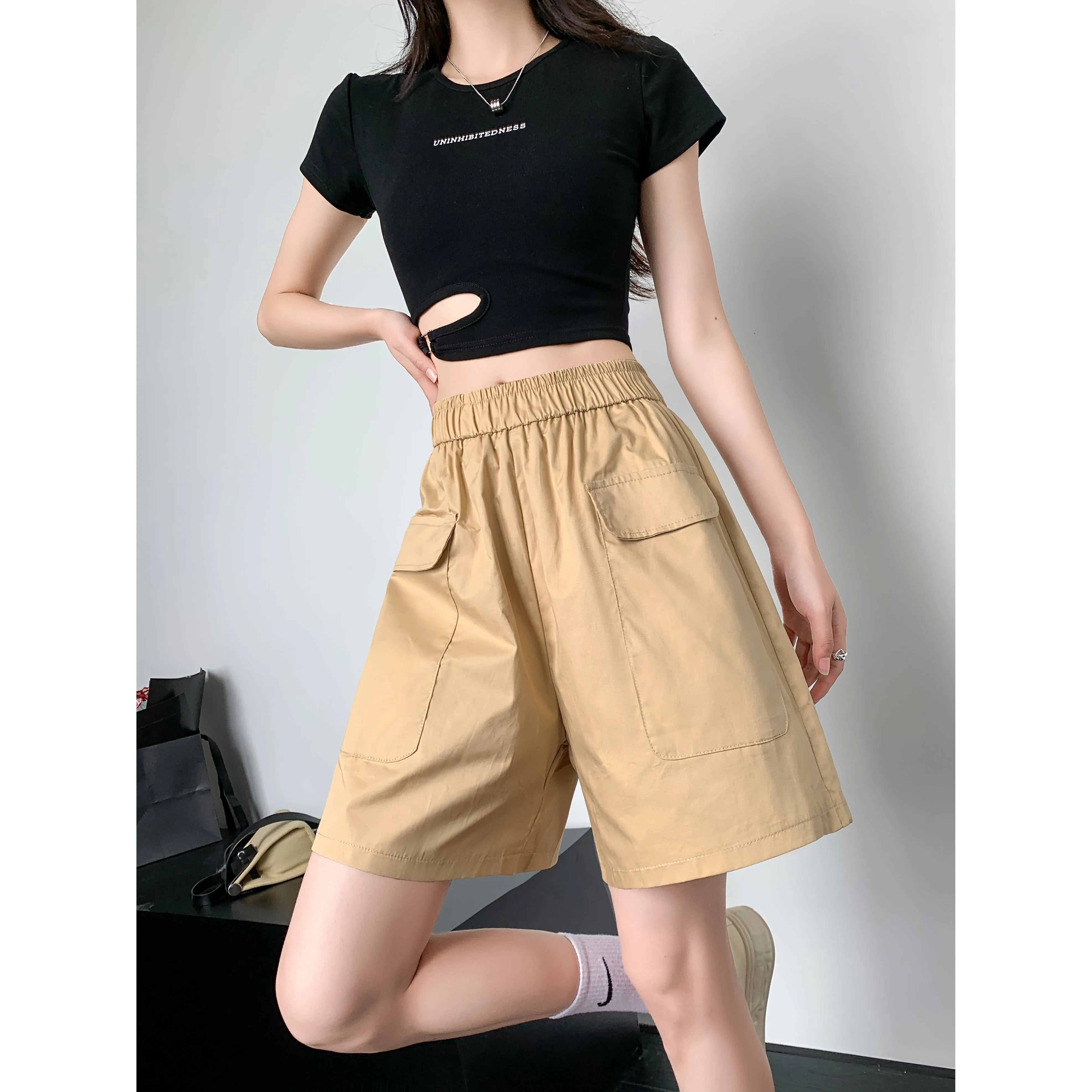 Loose Fit Thin High-Waisted Workwear Casual Solid Color Shorts