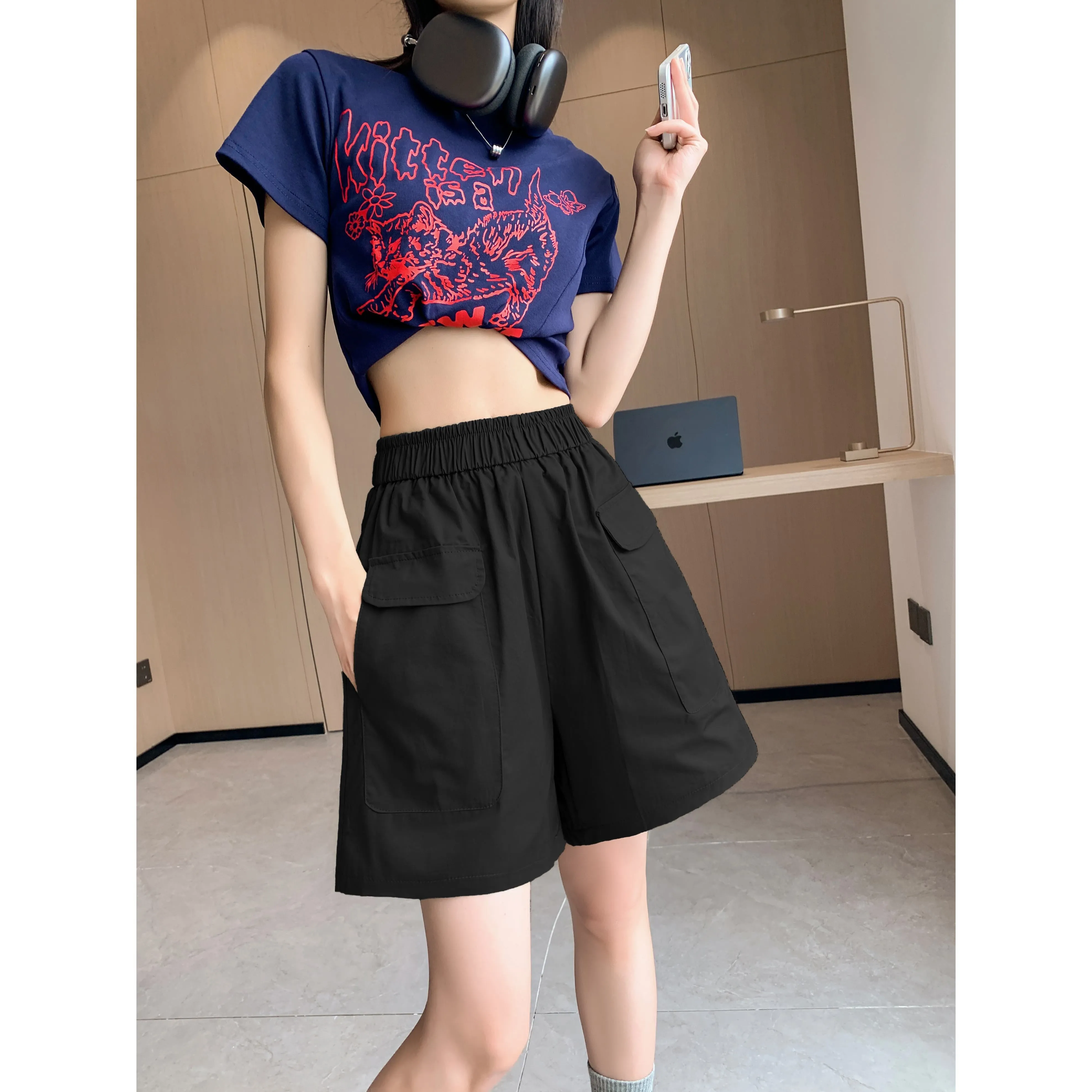 Loose Fit Thin High-Waisted Workwear Casual Solid Color Shorts