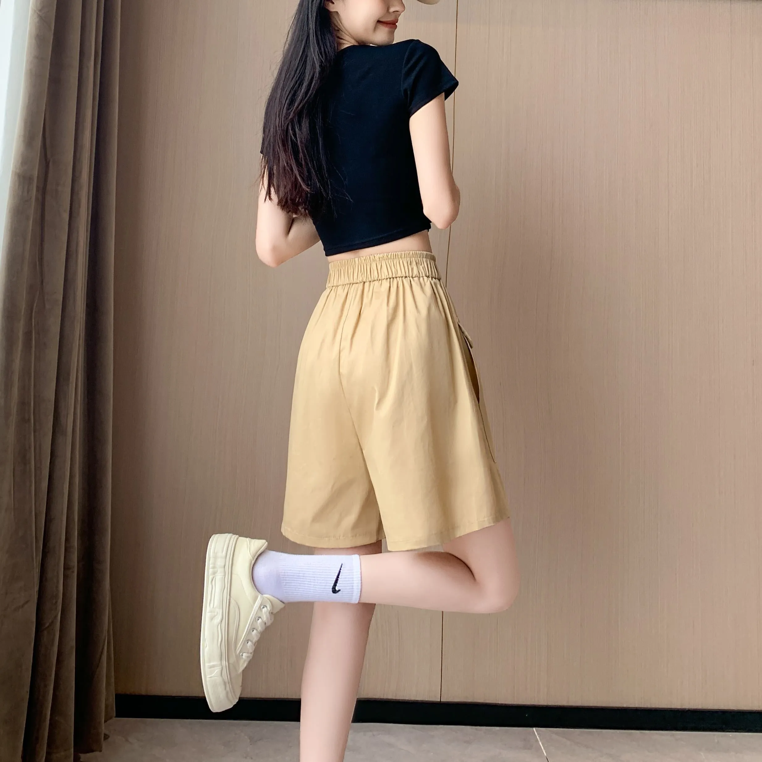 Loose Fit Thin High-Waisted Workwear Casual Solid Color Shorts