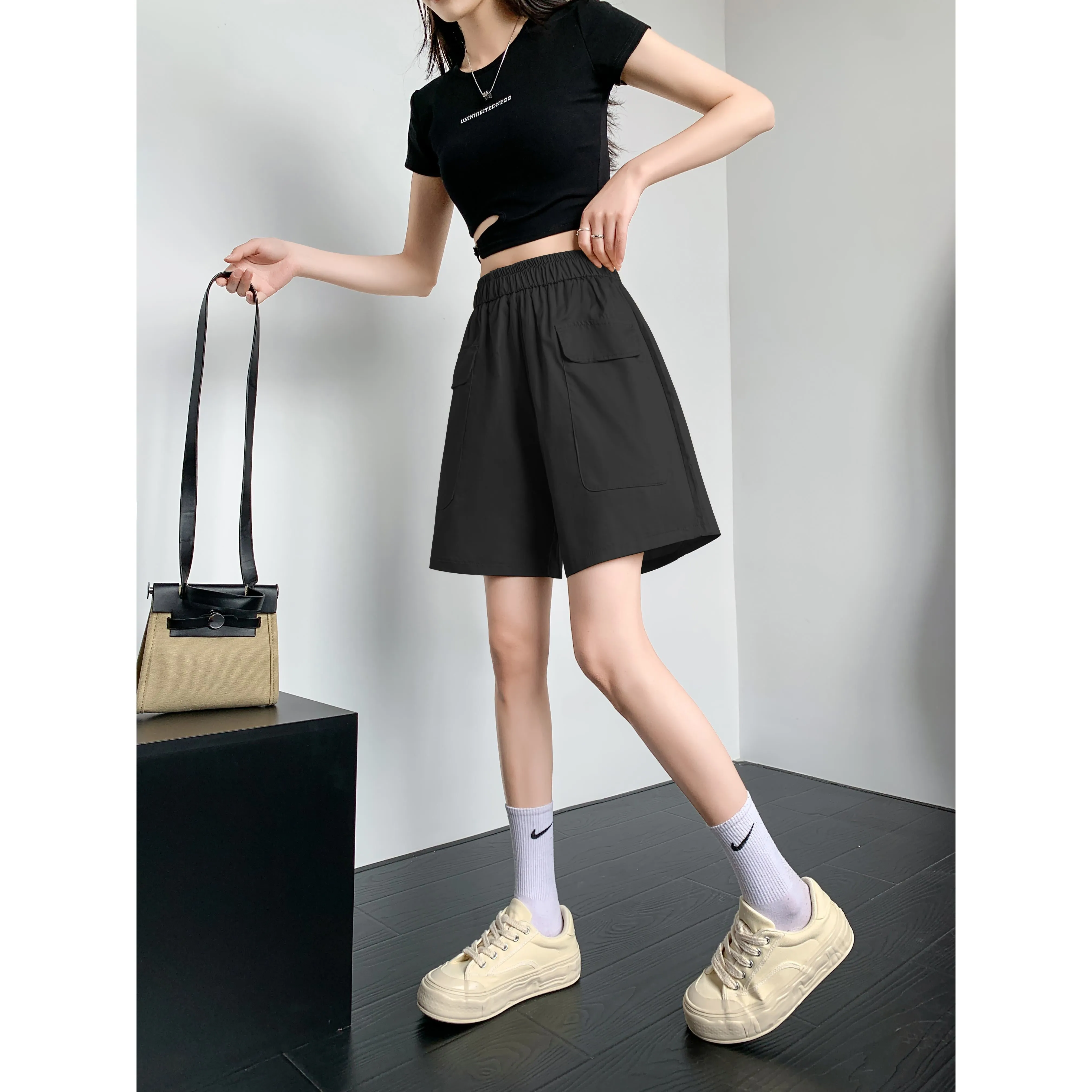 Loose Fit Thin High-Waisted Workwear Casual Solid Color Shorts