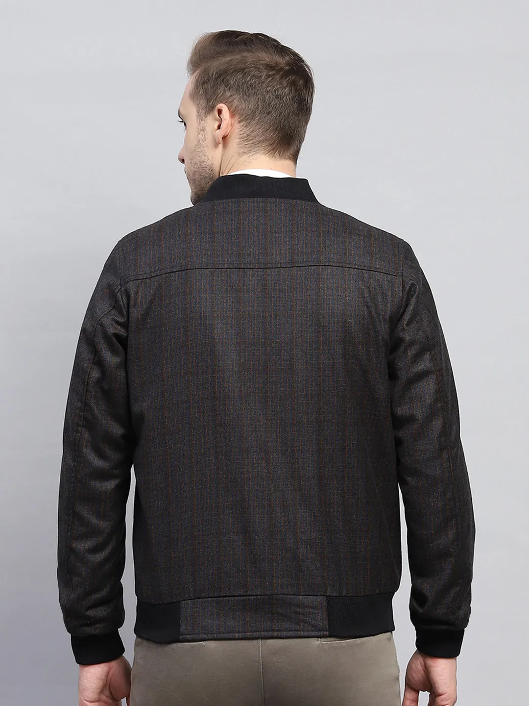 Men Black & Brown Check Round Neck Full Sleeve Coat