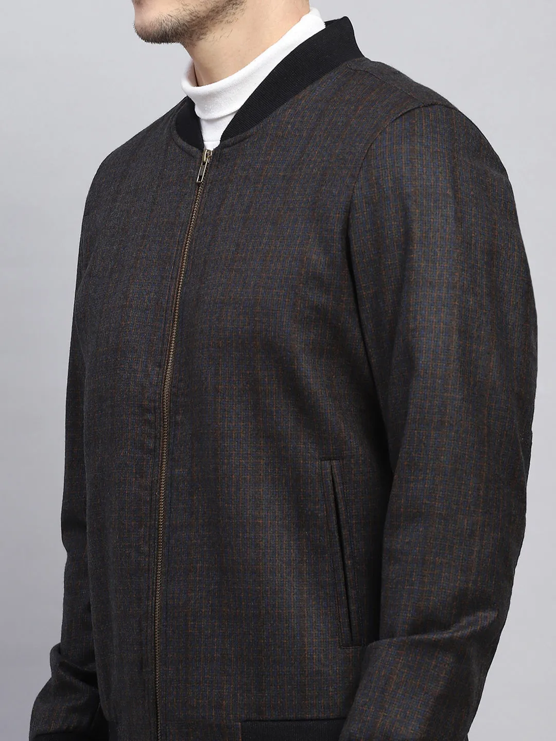 Men Black & Brown Check Round Neck Full Sleeve Coat