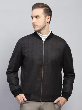 Men Black & Brown Check Round Neck Full Sleeve Coat