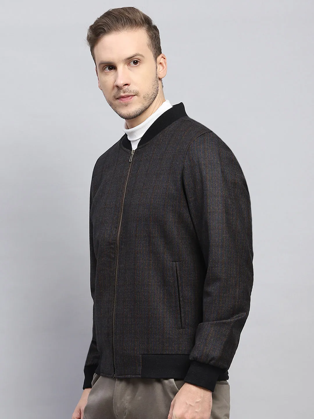 Men Black & Brown Check Round Neck Full Sleeve Coat