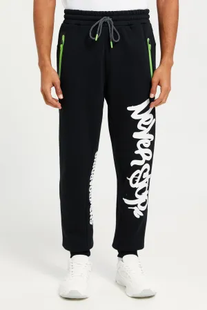 Men Black Jogger Pants With Graffiti Print