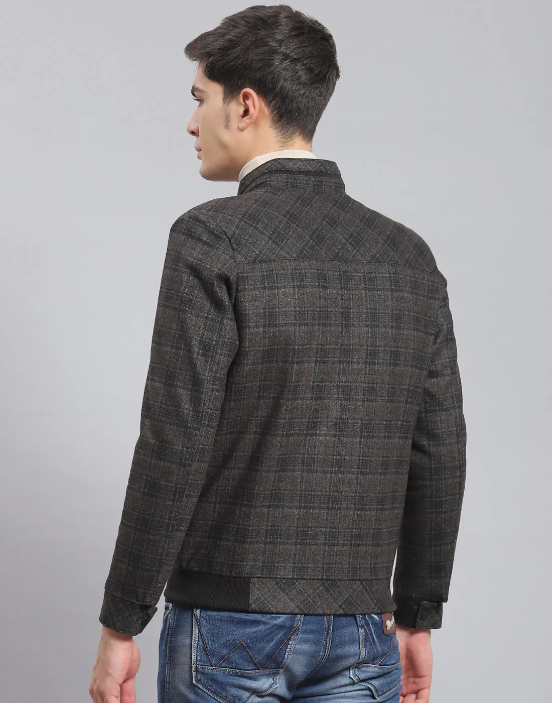 Men Brown Check Stand Collar Full Sleeve Coat