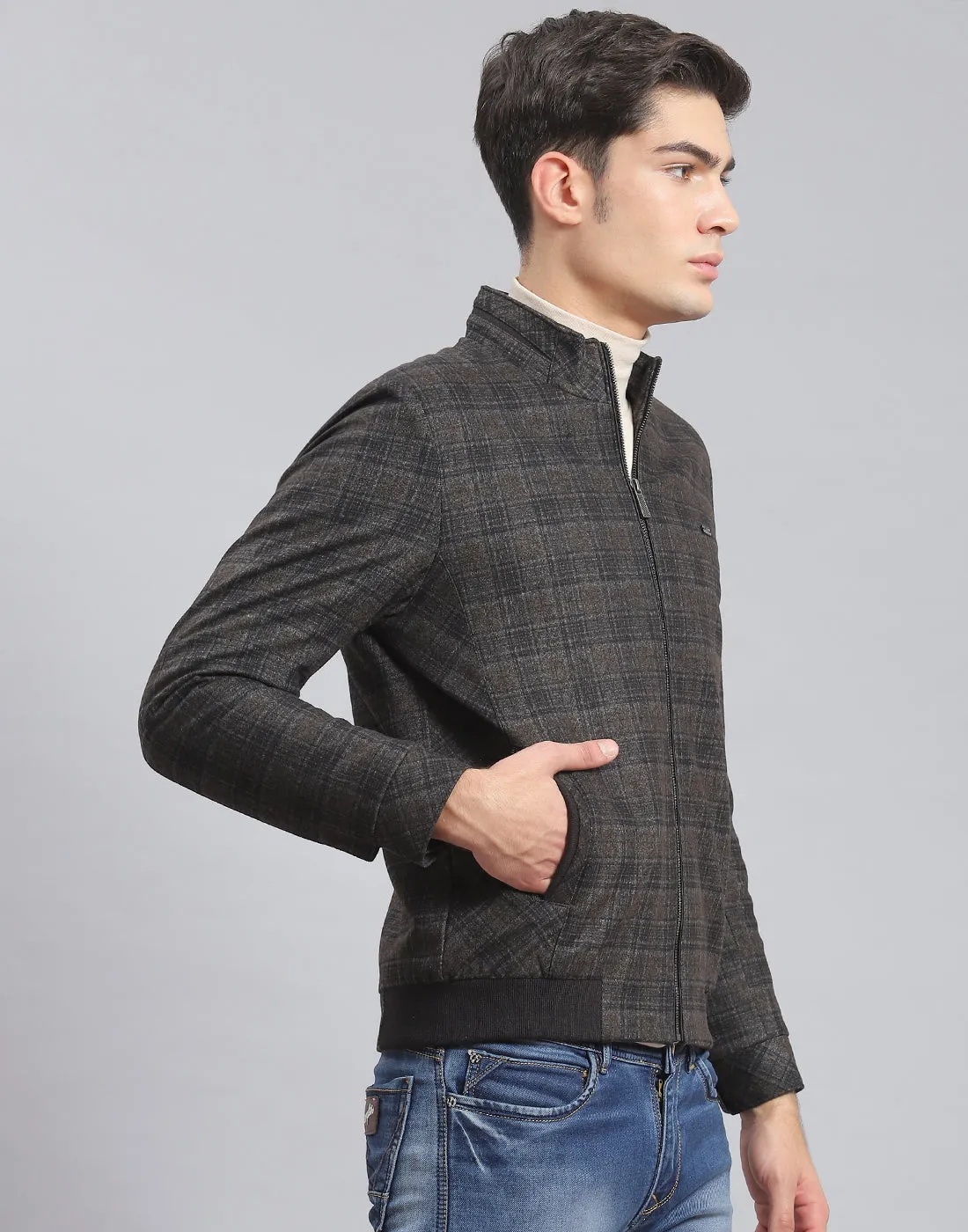 Men Brown Check Stand Collar Full Sleeve Coat