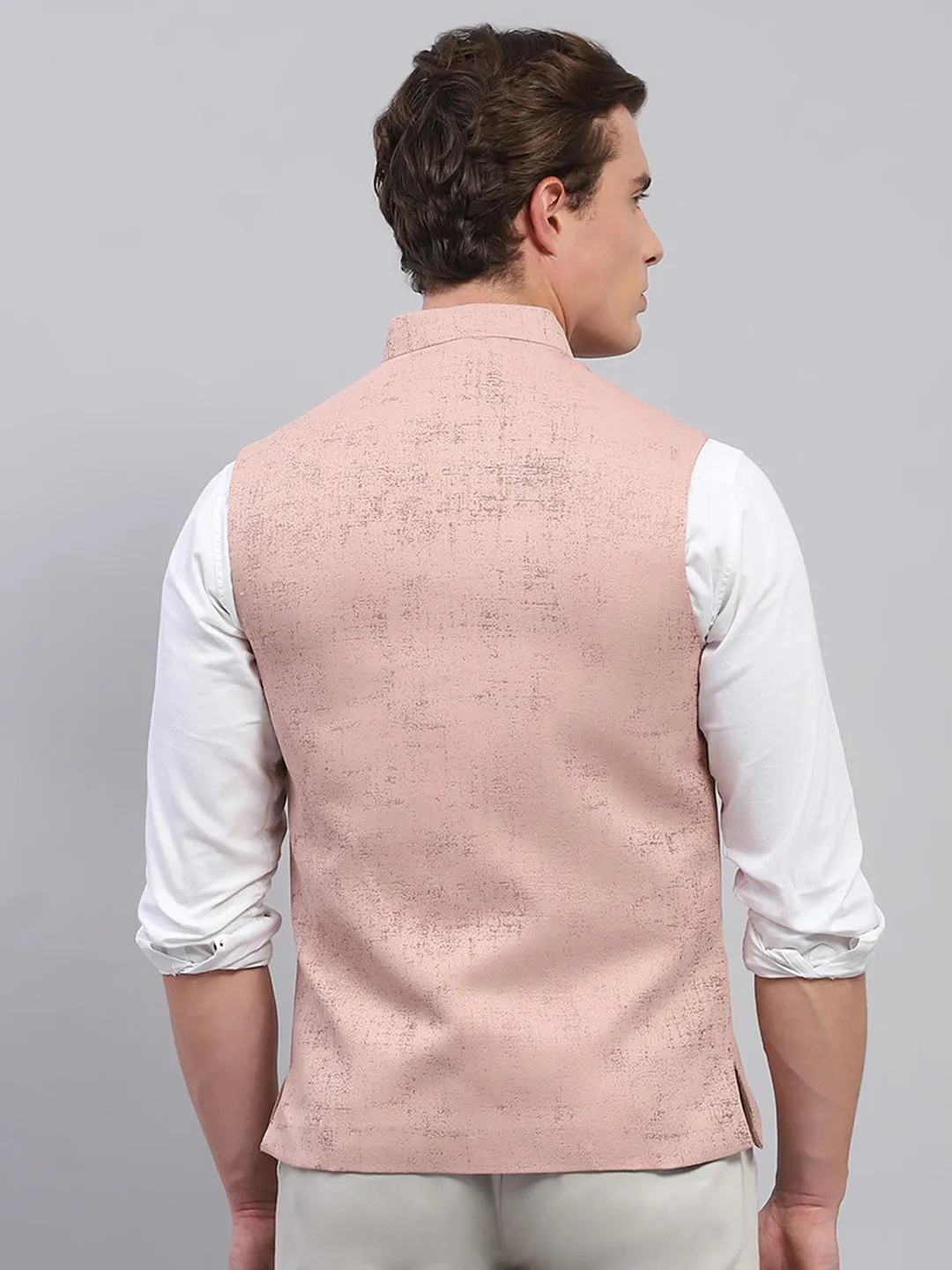 Men Pink Self Design Band Collar Sleeveless Coat