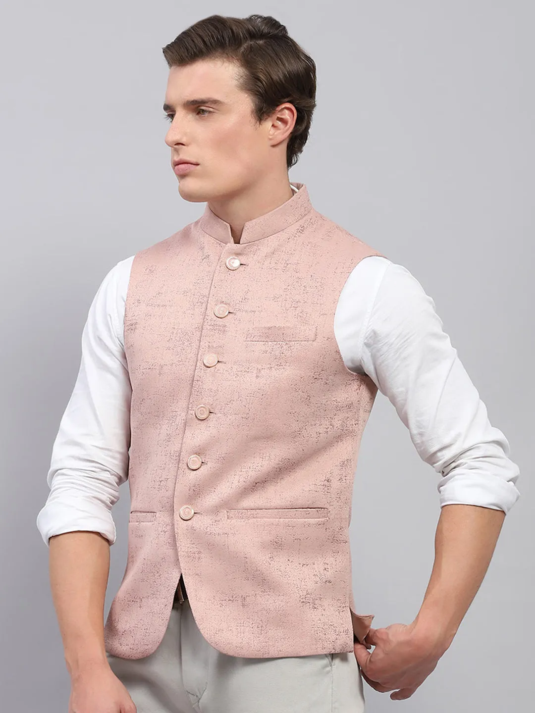 Men Pink Self Design Band Collar Sleeveless Coat