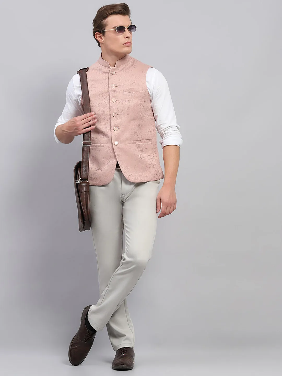 Men Pink Self Design Band Collar Sleeveless Coat