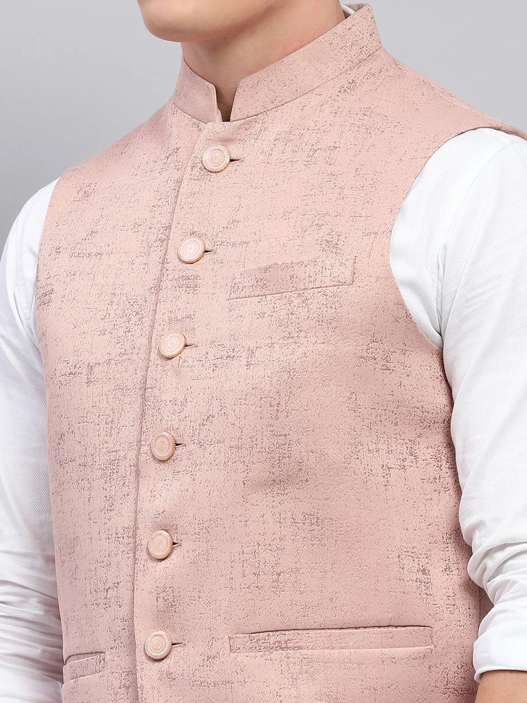 Men Pink Self Design Band Collar Sleeveless Coat